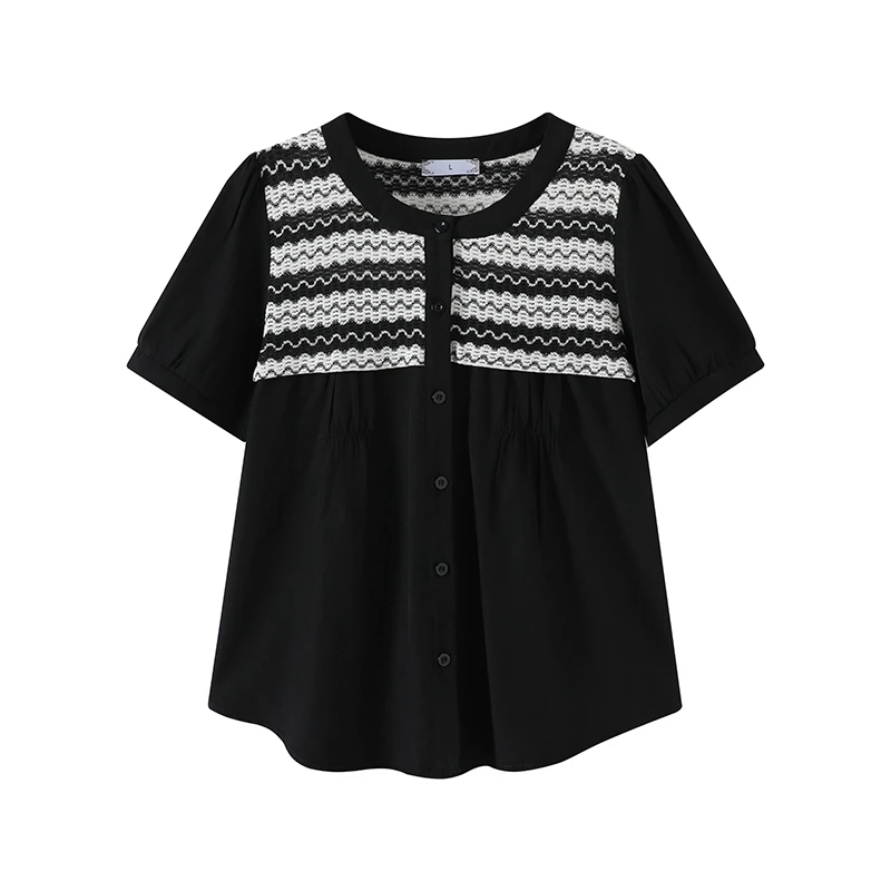 云妃秀大码女装T恤简约时尚拼接撞色上衣微胖显瘦通勤气质夏9877