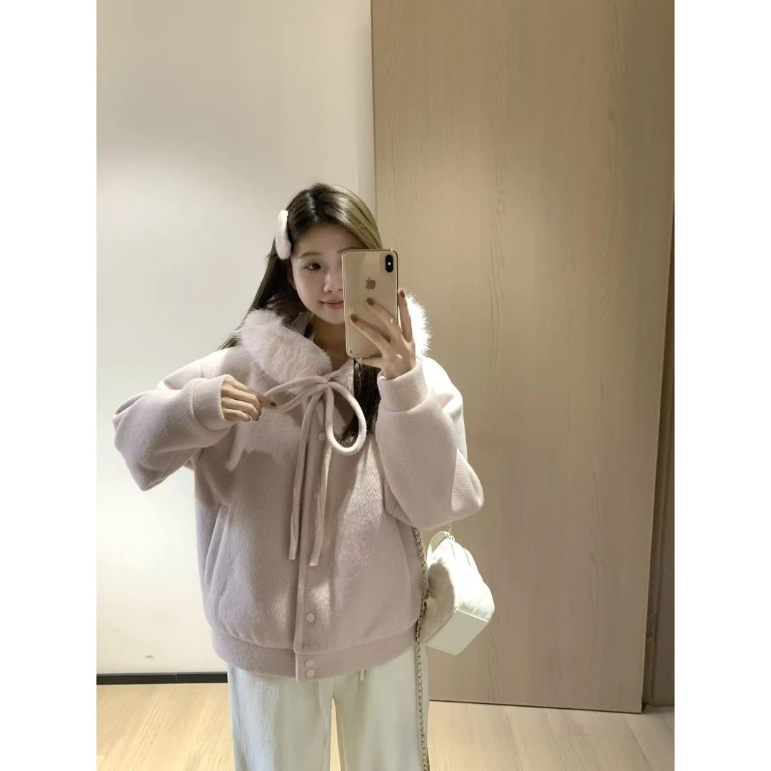 韩11蝴蝶结绑带设计可拆卸毛领连帽外套女夹棉超好看毛呢上衣冬季