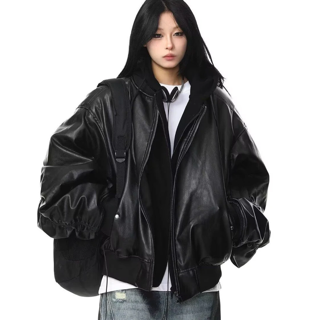 20232023双层假两件连帽外套飞行员夹克皮质服2025潮流百搭秋2025