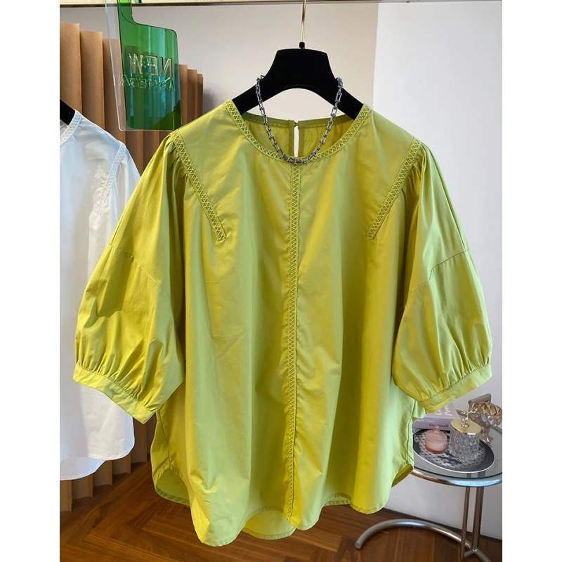 0550新款韩系宽松绿色泡泡袖圆领衬衫女短袖七分灯笼袖娃娃衫上衣