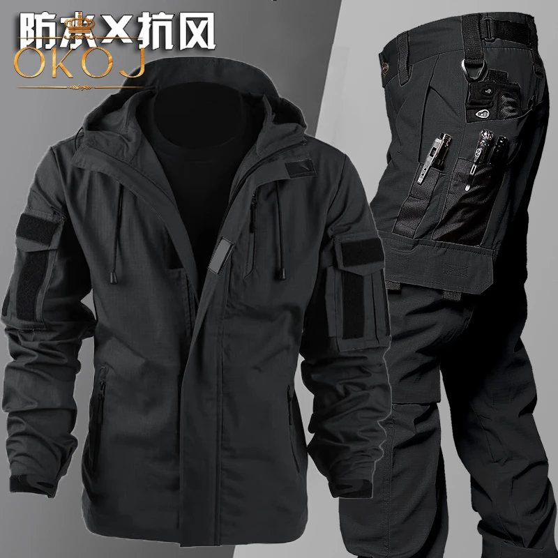 OKOJ冲锋衣套装男防风防水春秋季新款户外多口袋连帽登山服工装衣