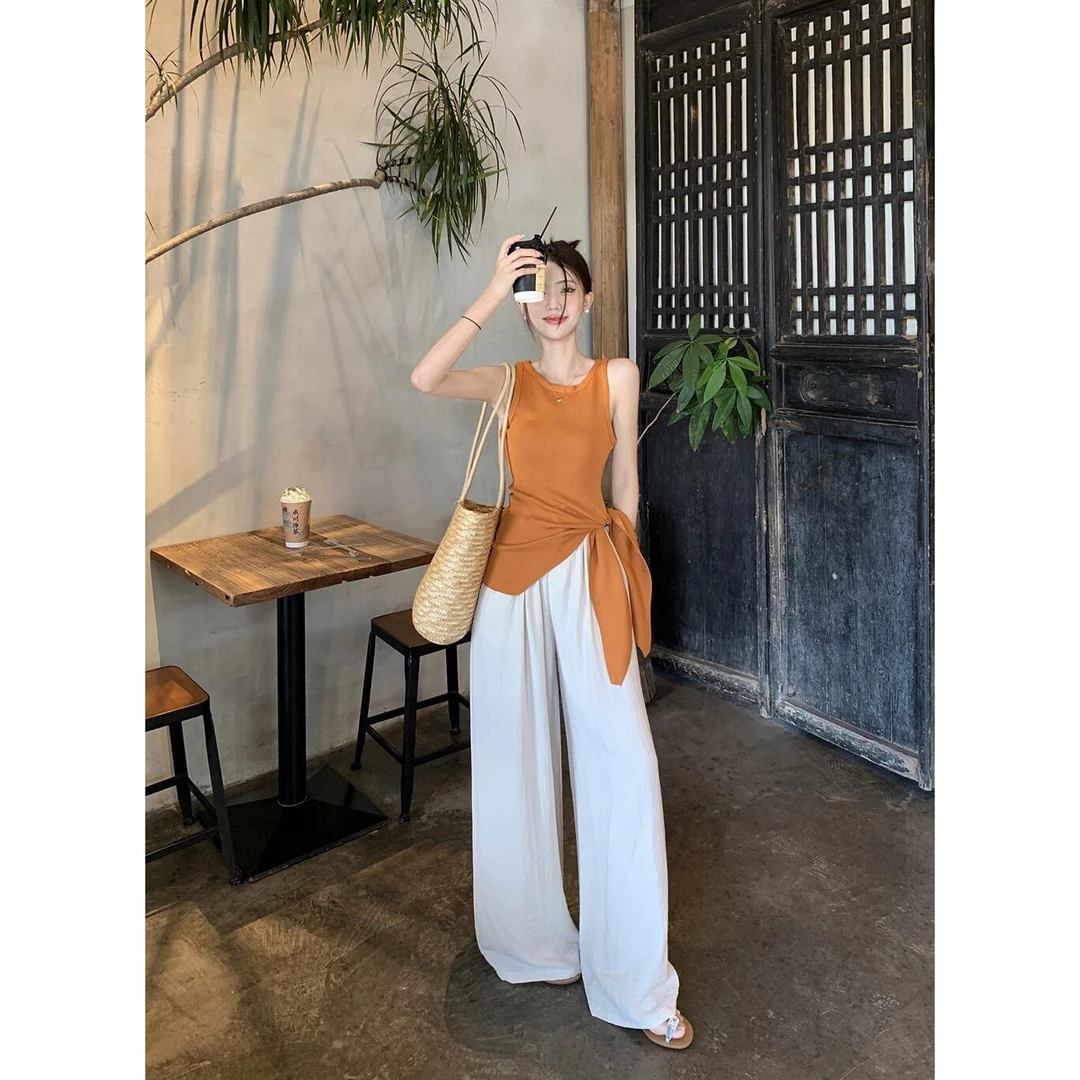 设计感收腰无袖背心针织小衫女2024夏季不规则纯欲上衣百搭t恤