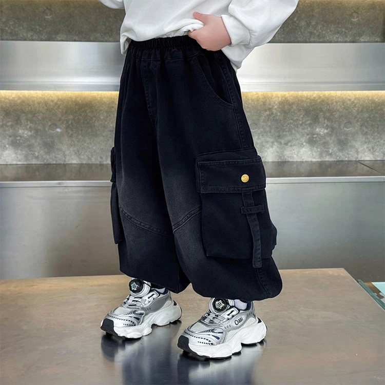 男童加绒裤子25年秋冬款儿童加厚牛仔工装裤男宝宝洋气一体绒长裤