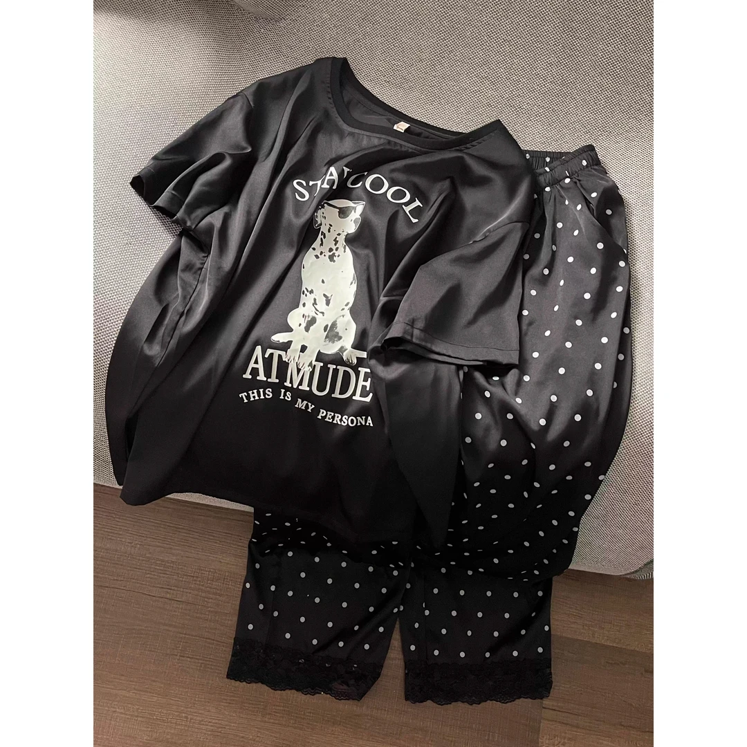 高级感印花带胸垫冰丝短袖睡衣女2025夏季波点长裤套装家居服外穿