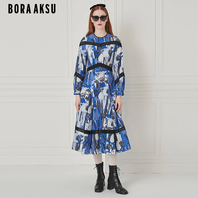 BORAAKSU2024秋法式圆领泡泡袖小花边印花连衣裙B1EGW63200