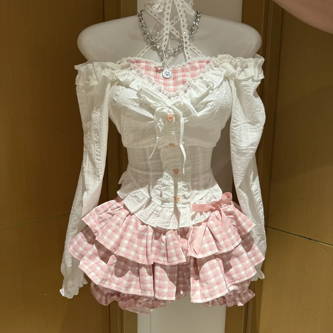 小樱奈奈子长袖上衣粉色格纹短裙秋季款