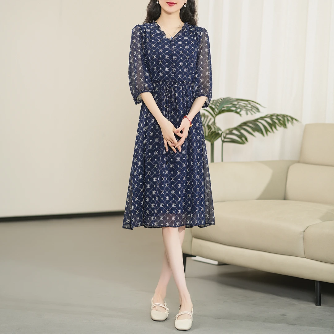 （南法夏日）蚕丝2025年扎染印花高腰显瘦气质遮肚连衣裙