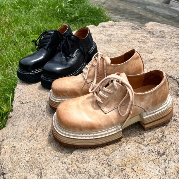 男女同款头层马皮方头个性手工复古潮流时尚单鞋厚底休闲百搭