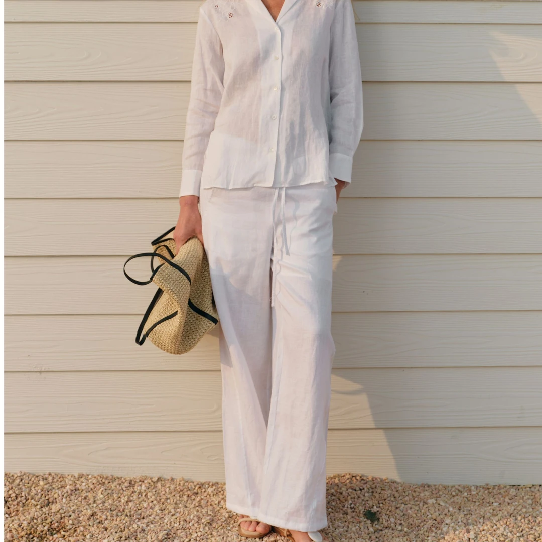 罕山 亚麻 女士舒适针织直筒裤高腰休闲时尚气质