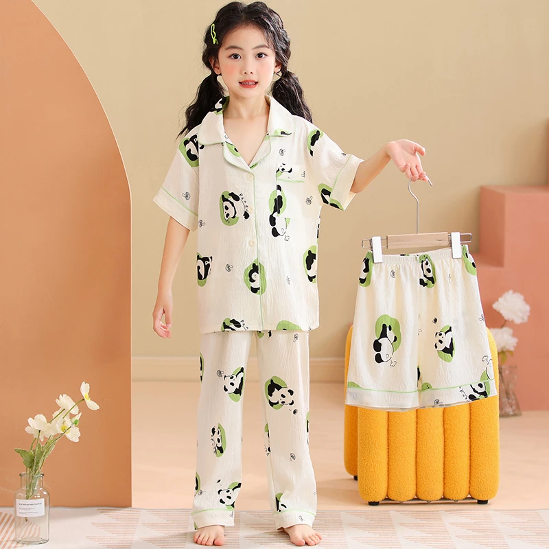 儿童睡衣女孩2025新款夏季薄款纯棉女童夏天公主风短袖大童三件套