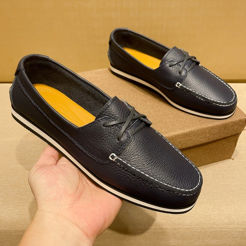 SCAVIOLA秋季新款舒适真皮莫卡辛鞋男士复古藏蓝色圆头增高豆豆鞋