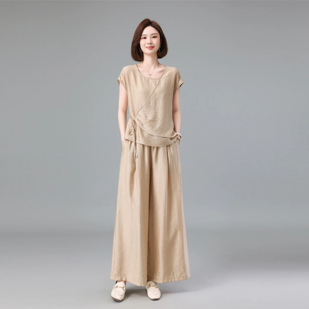 亚麻套装女2025年夏季新款洋气减龄薄款天丝短袖衬衫阔腿裤两件套