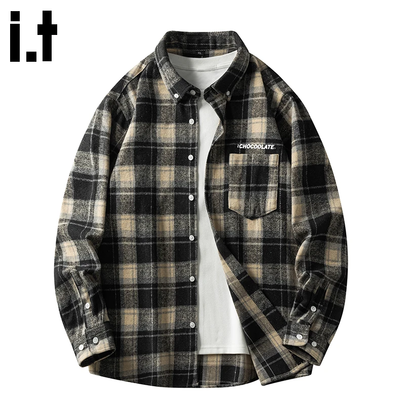 i.t:CHOCOOLATE格子条纹长袖衬衫夹克2025秋冬季男士翻领休闲衬衣