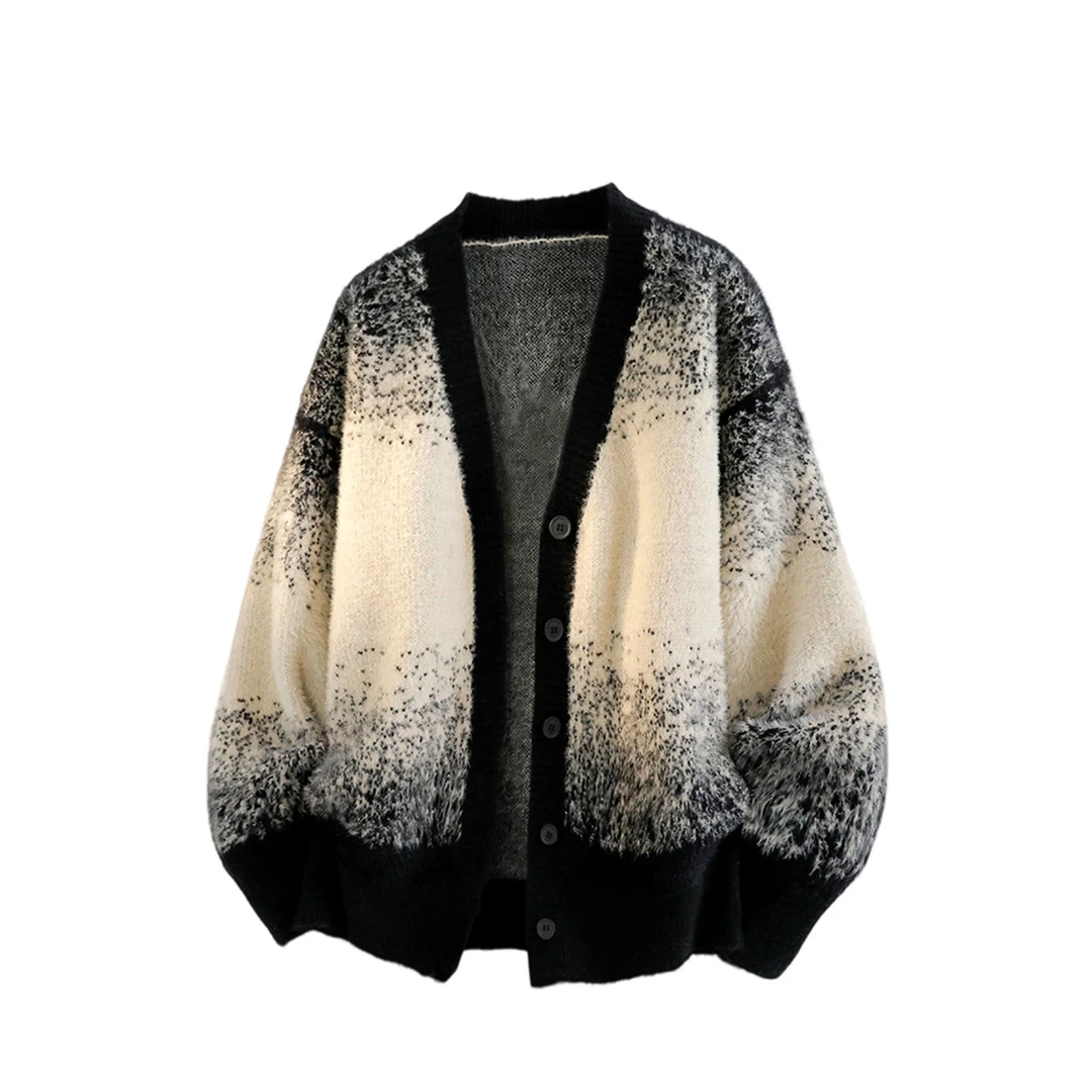 GS美式扎染渐变开衫毛衣男士秋冬时尚潮牌新款V领懒惰风针织衫男