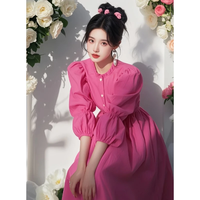 2025超火玫红色泡泡袖连衣裙气质名媛多巴胺独特绝美初恋清纯裙子