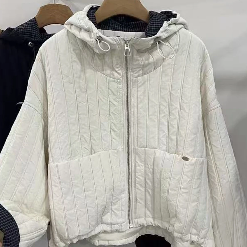 2025连帽格子拼接绗线短款秋冬棉服外套9805