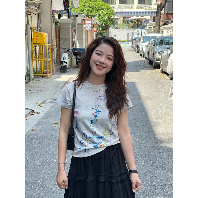 WenWen小个子复古涂鸦印花短袖T恤2025夏设计感显瘦百搭上衣3779