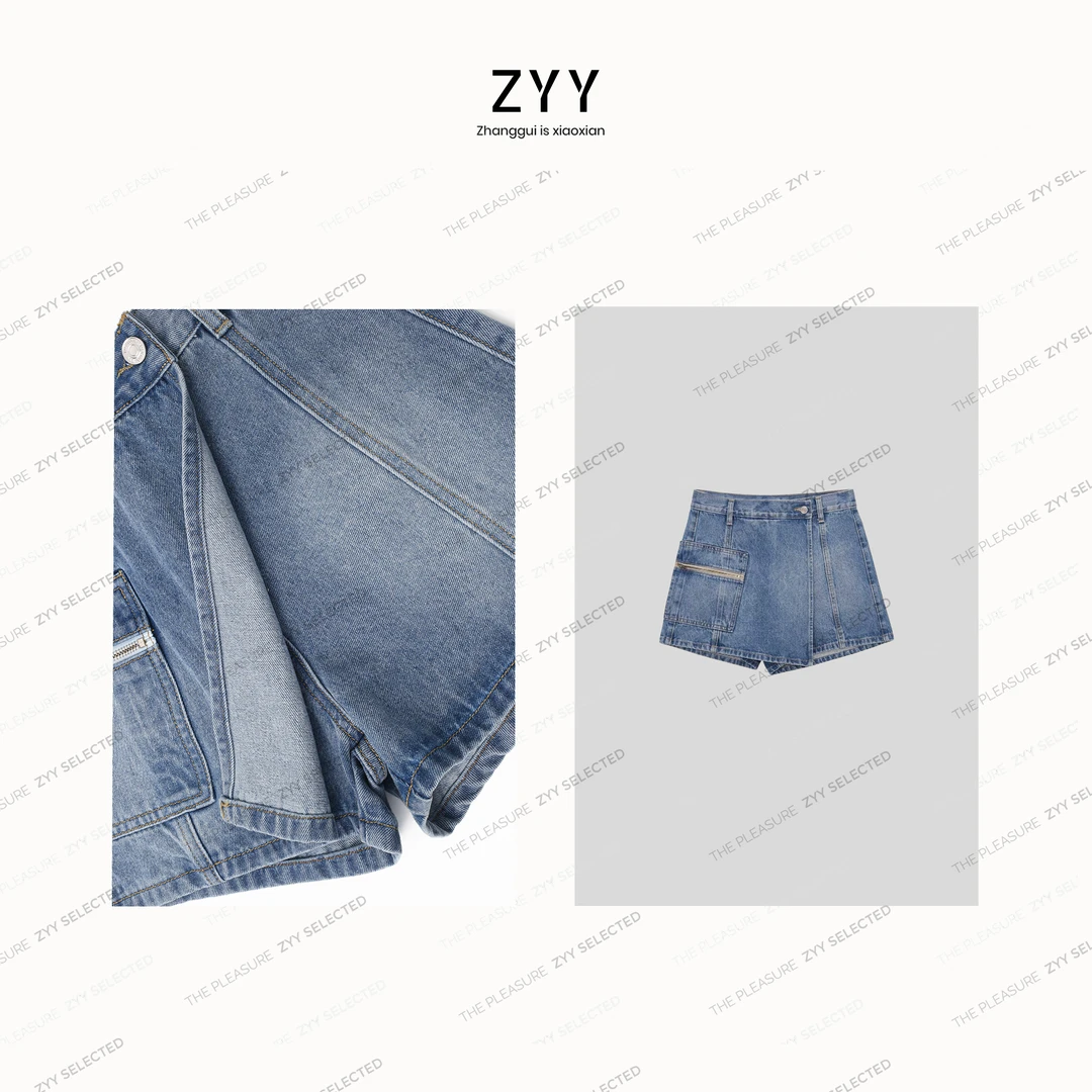 叠层斜裁拉链贴袋牛仔短裤裙DK24643