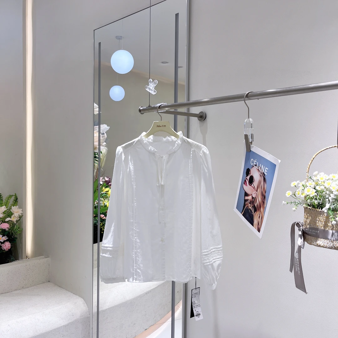 艾然春款木耳边系带衬衫气质白色1181