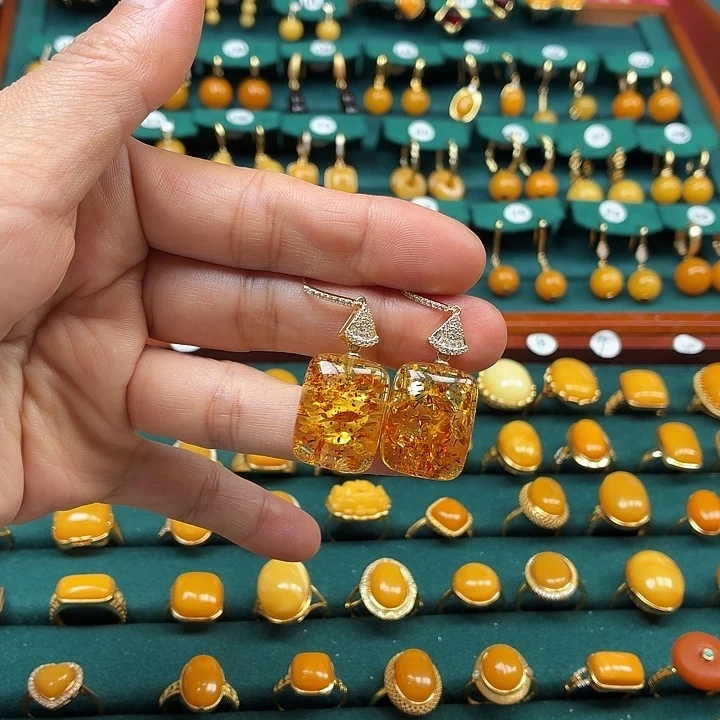 琥珀银S925镶嵌耳饰