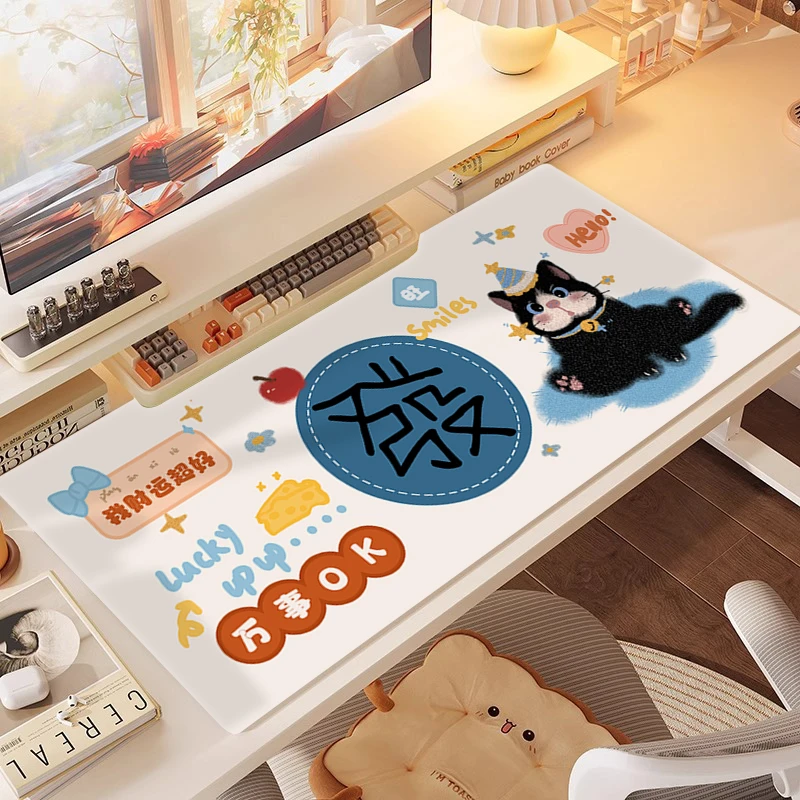 小黑猫旺财运文字鼠标垫超大女生高颜值电脑键盘垫办公室桌垫定制