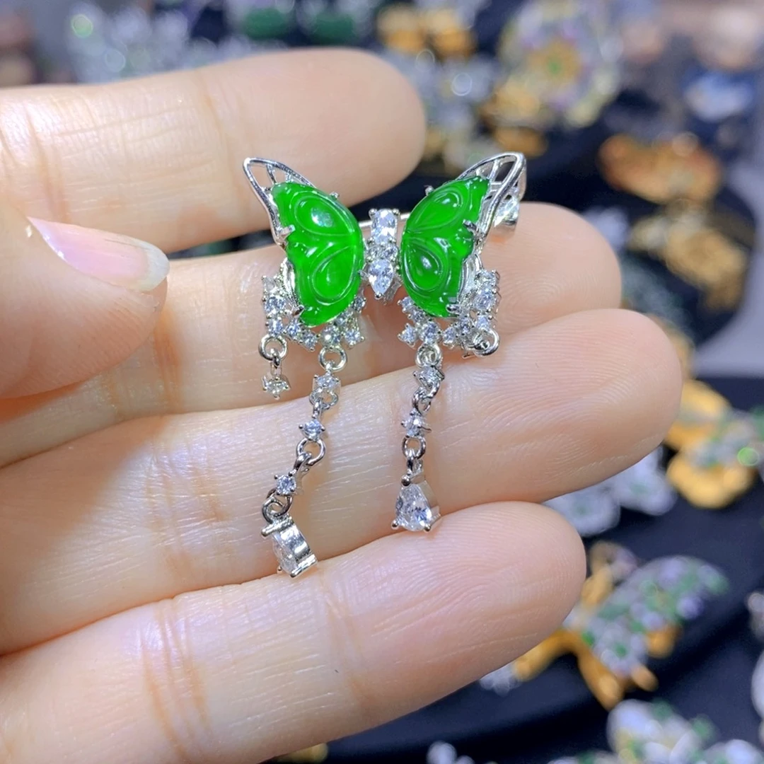 翡翠耳钉银S925镶嵌天然翡翠