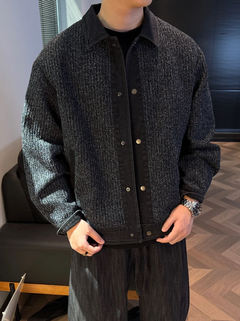 GO SHINE 秋冬男士爆款毛呢牛仔拼接翻领保暖夹克潮流帅气男外套