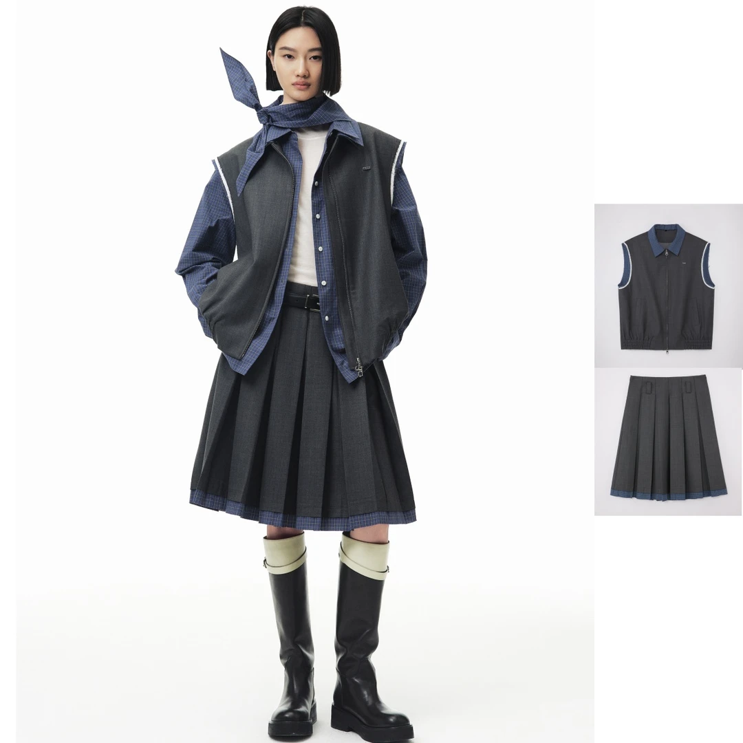 ANNENONO   25秋季新品气质百褶半裙F102/拼接马甲I122