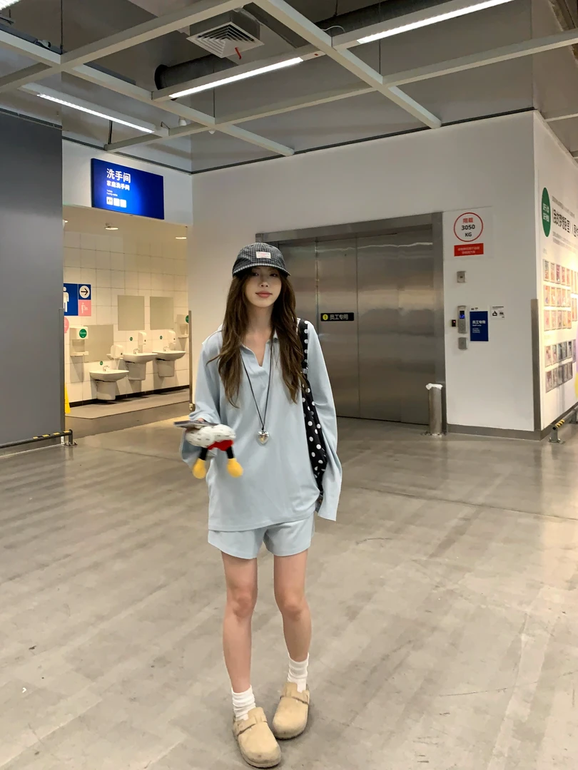 WSMY老钱风套装女夏季轻薄长袖polo衫T恤+宽松直筒短裤两件套