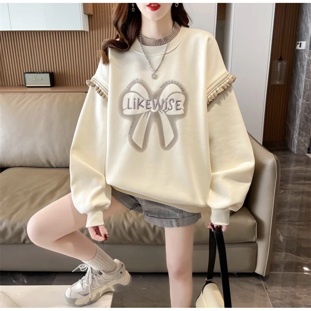 Y9慵懒风花瓣袖圆领卫衣女春秋薄款韩版宽松蝴蝶结上衣洋气百搭