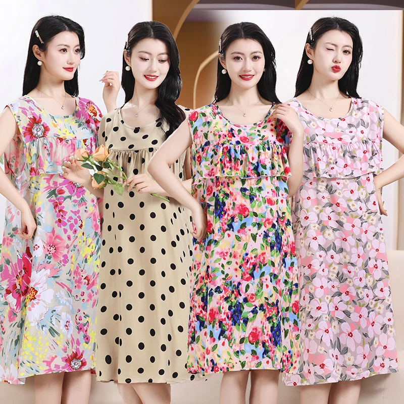 防凸点棉绸睡裙女夏薄款碎花无袖裙子宽松显瘦妈妈夏装人造棉睡衣