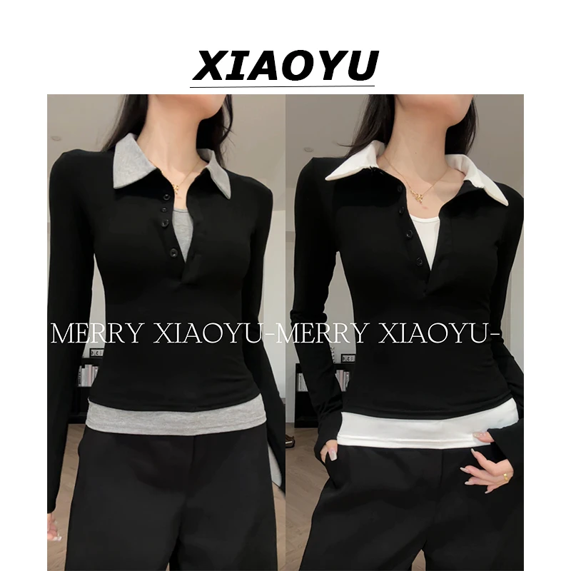 小鱼【高智感系】POLO领撞色拼接长袖T恤小众高级感显瘦上衣