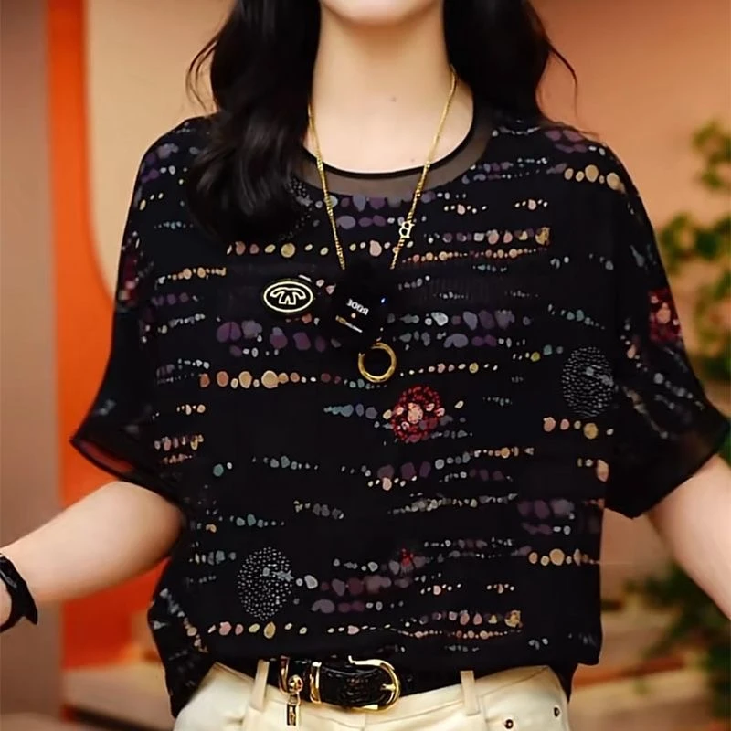 夏季新款短袖薄款速干女装小众设计高档印花时尚洋气宽松遮肉上衣