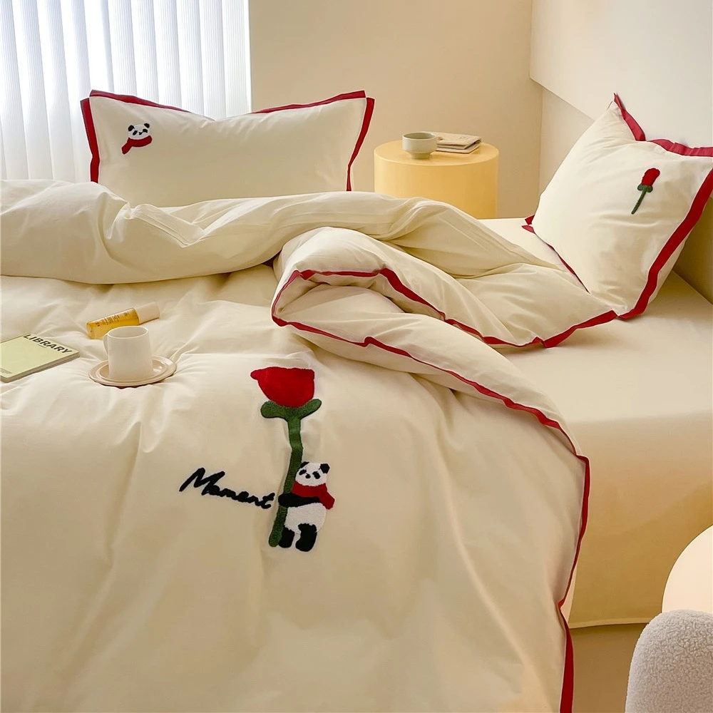 2025个性时髦水洗长绒棉四件套纯棉简约毛巾绣被套宿舍三件套床品