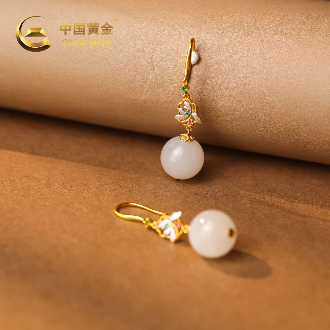 【中国黄金】S925银和田玉白玉圆珠耳饰-R1319-【北】