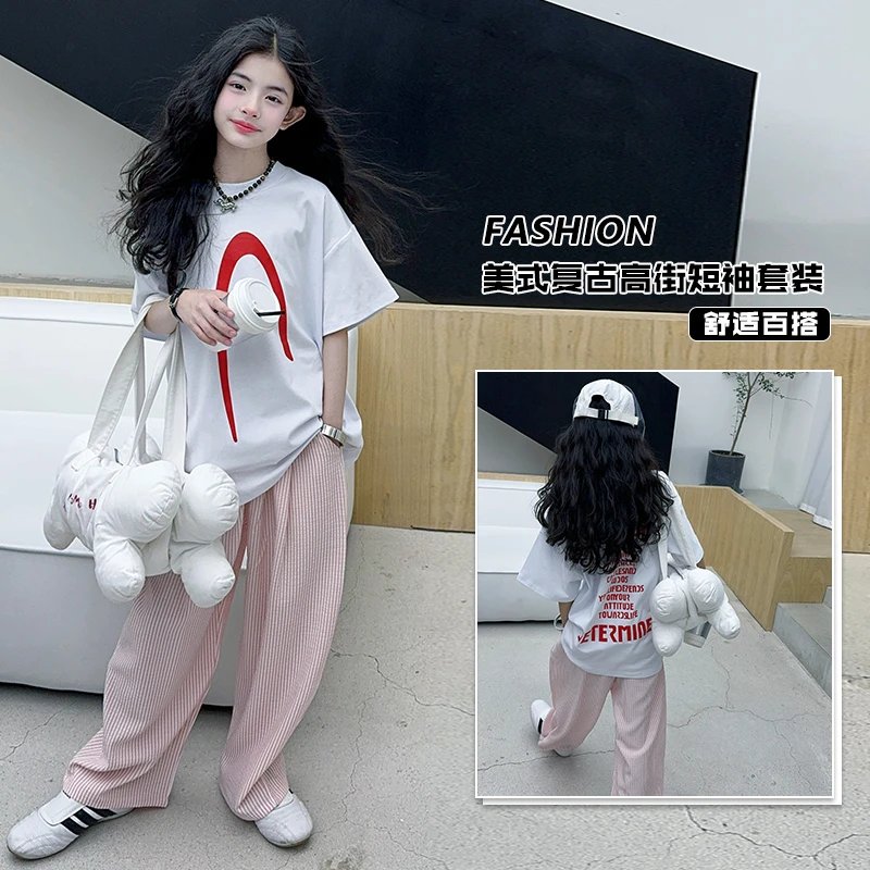 女童夏季套装2025新款儿童时髦洋气夏装大童无袖短袖阔腿裤两件套