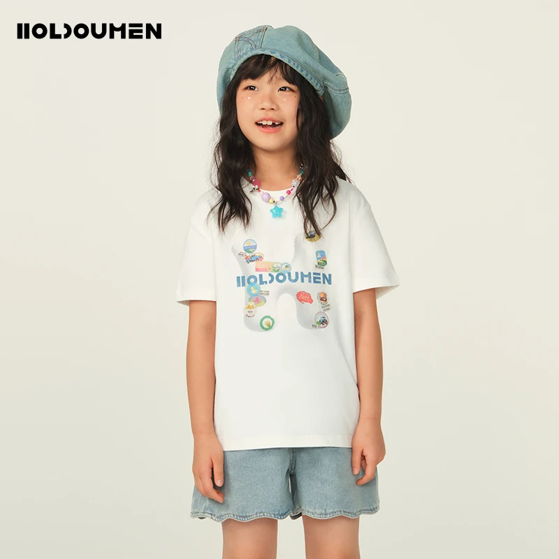 Holdoumen25夏季日常系列童装复古标签T恤