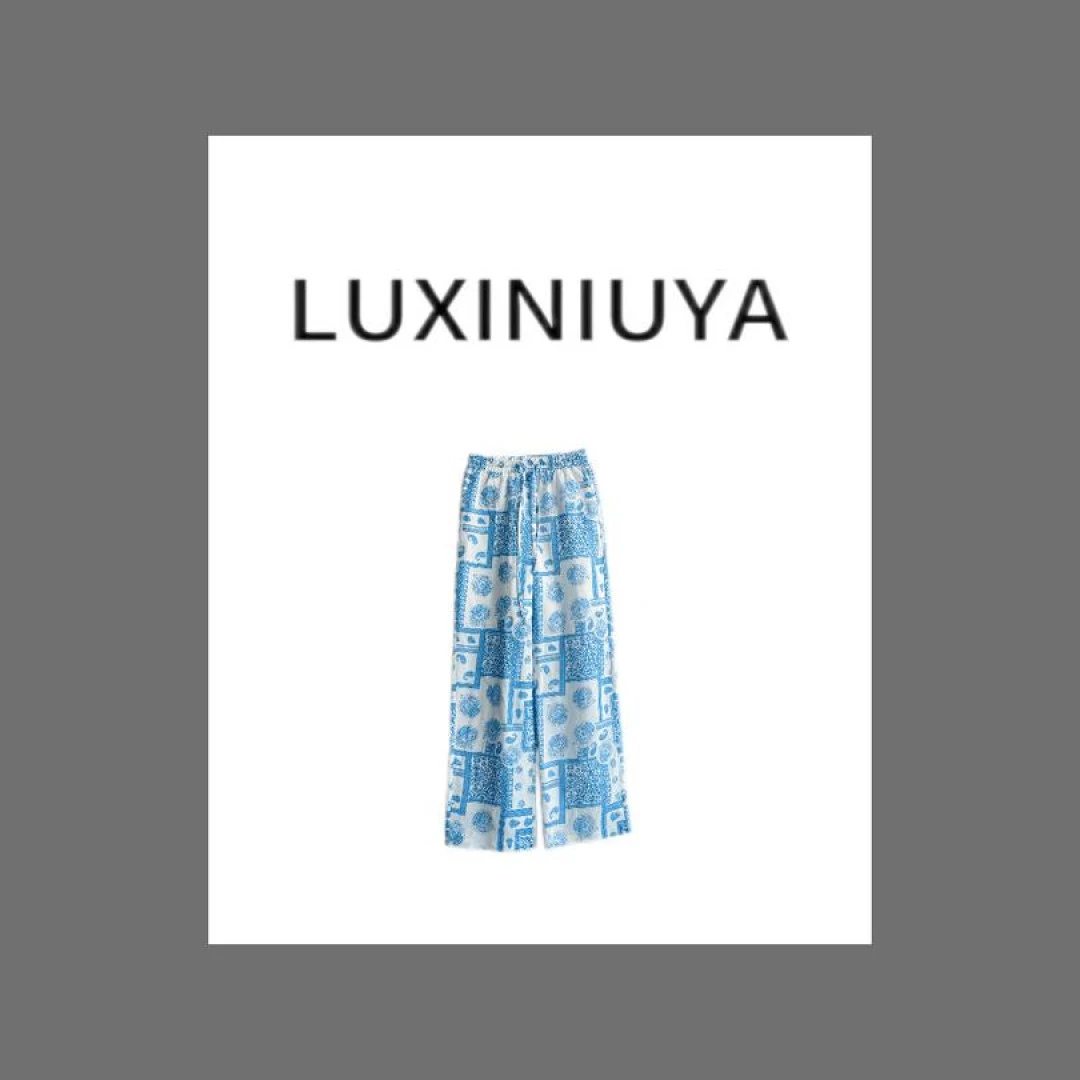 【LUXINIUYA】夏季新款老钱风印花松紧腰薄款直筒休闲裤#CX3001