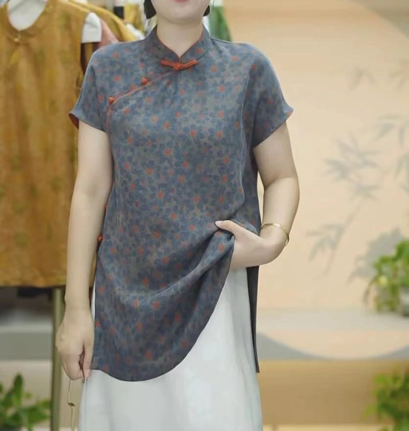 【晚黛飞袖】夏季复古文艺桑蚕丝香云纱花萝时尚斜襟奥黛中长款上衣