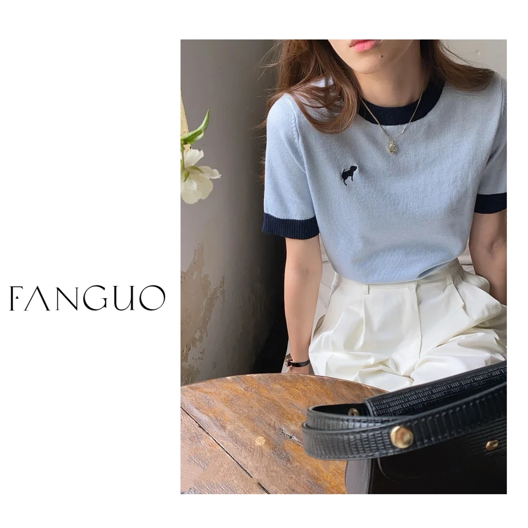 冲2色！法国alov*同款！通勤气质百搭刺绣小狗针织短袖上衣28885