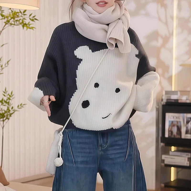 毛衣秋季时尚针织衫少女减龄气质提花休闲宽松遮肉圆领长袖针织衫