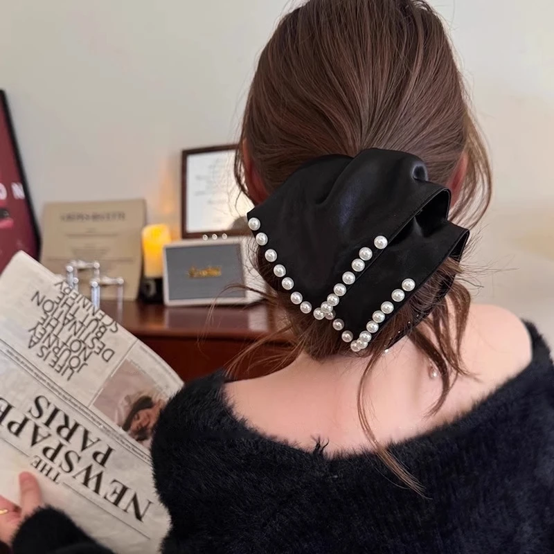 法式优雅珍珠方巾发圈女高级感发饰气质缎面头绳大肠圈扎发橡皮筋