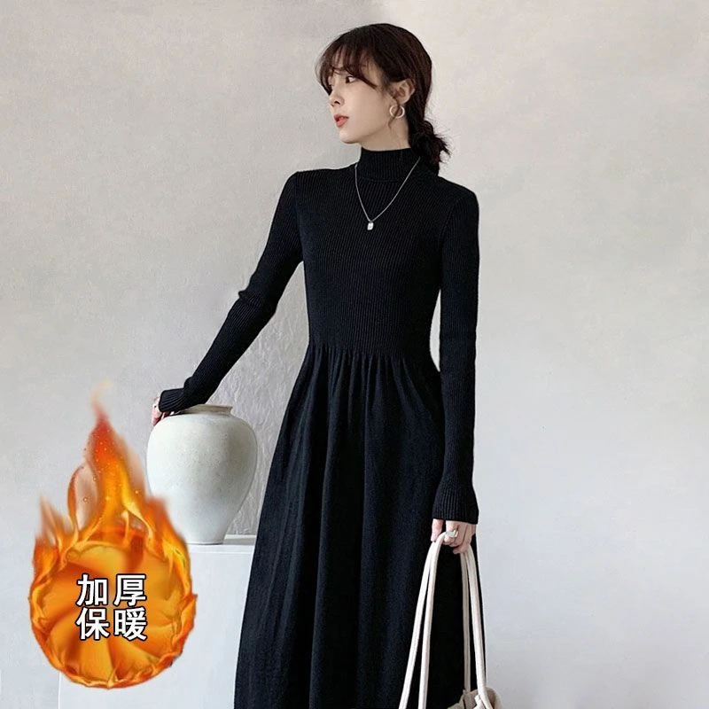 配大衣法式黑色长袖内搭打底中长款毛衣针织连衣裙子女秋冬赫本风