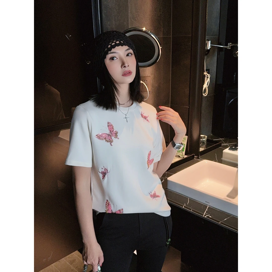 2025早春新款重工串珠短袖T恤女欧货休闲百搭时尚半袖上衣ins潮