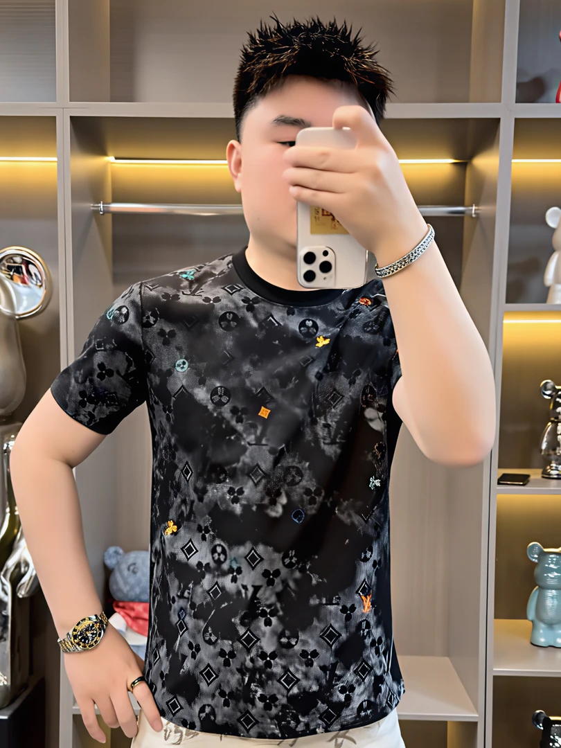 修身型印花夏季刺绣圆领短袖T恤个性潮流上衣运动薄款透气男士