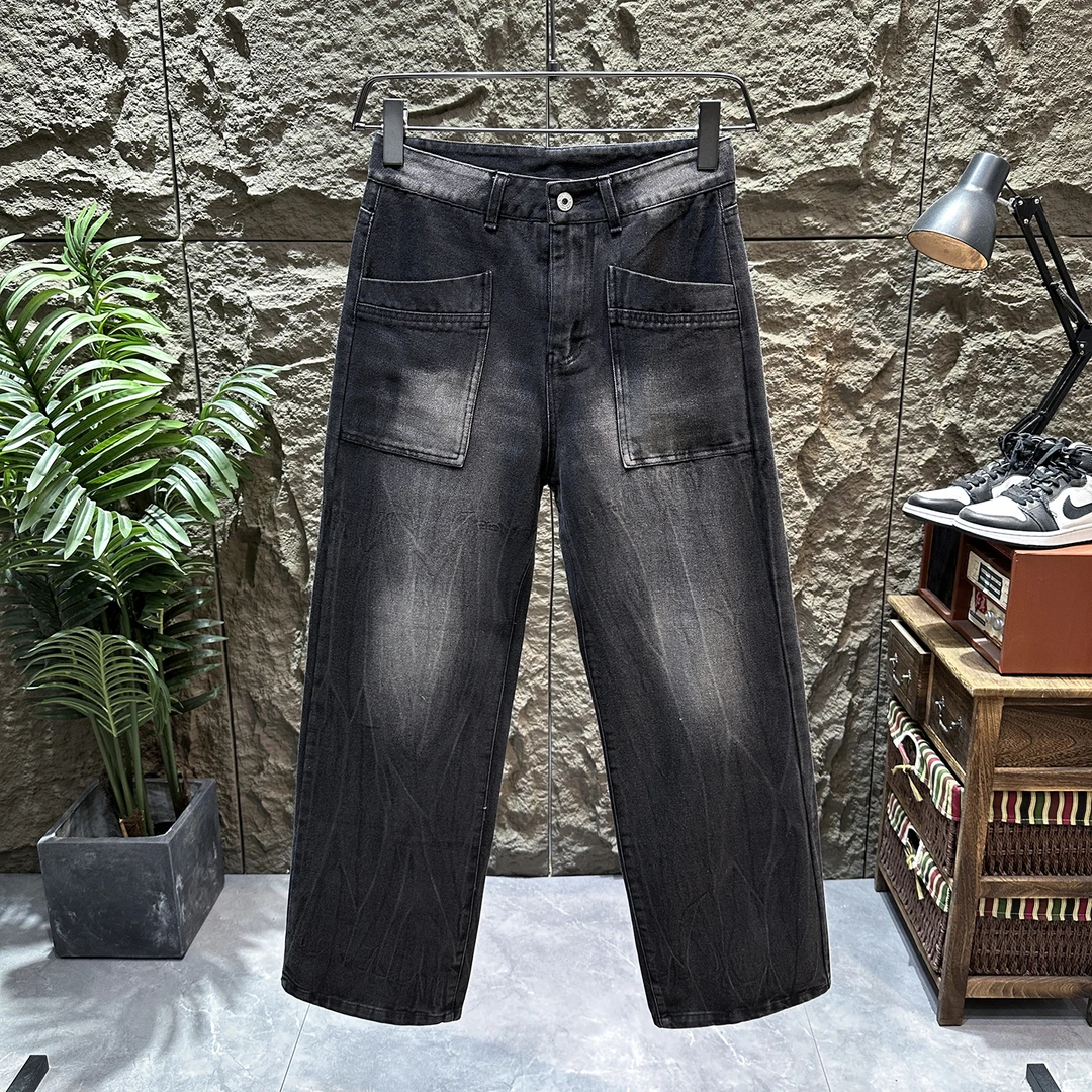 闪电纹黑色牛仔裤男款春秋高级感痞帅炸街裤子美式复古直筒阔腿裤