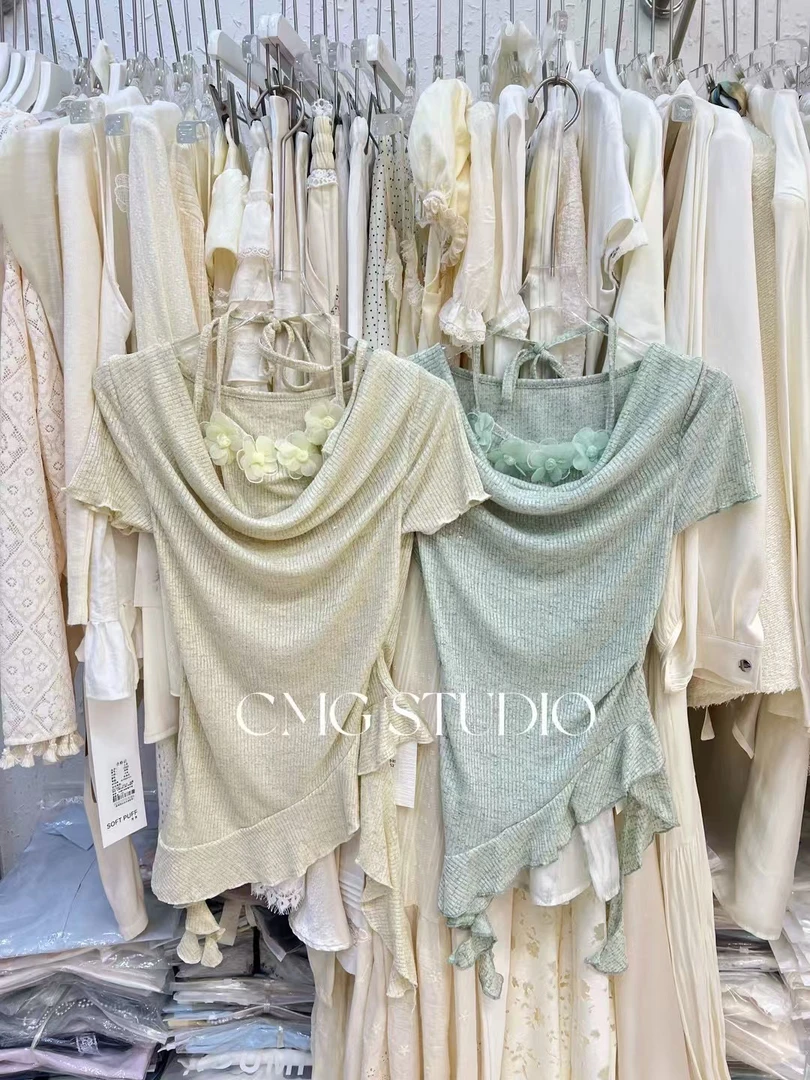 甜美风t不规则立体花朵拼接挂脖系带T恤女春夏季2025新款短袖上衣