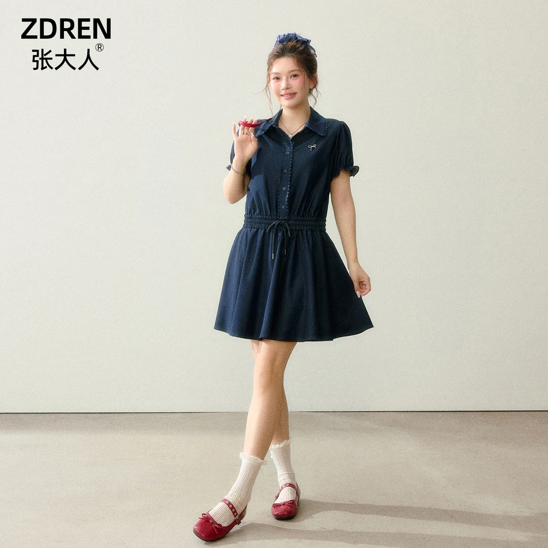 【学院牛仔】大码女装胖妹妹藏青学院风短袖衬衫收腰连衣裙
