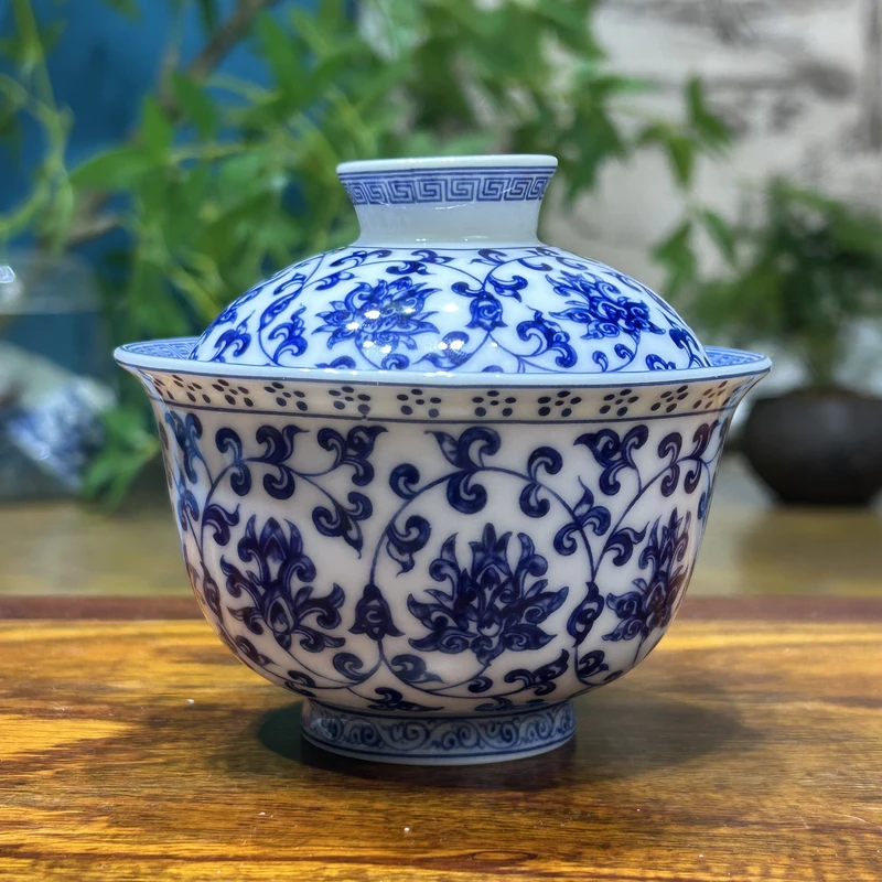 景德镇陶瓷青花缠枝莲元宝两才盖碗家用高端茶器中式高端茶器