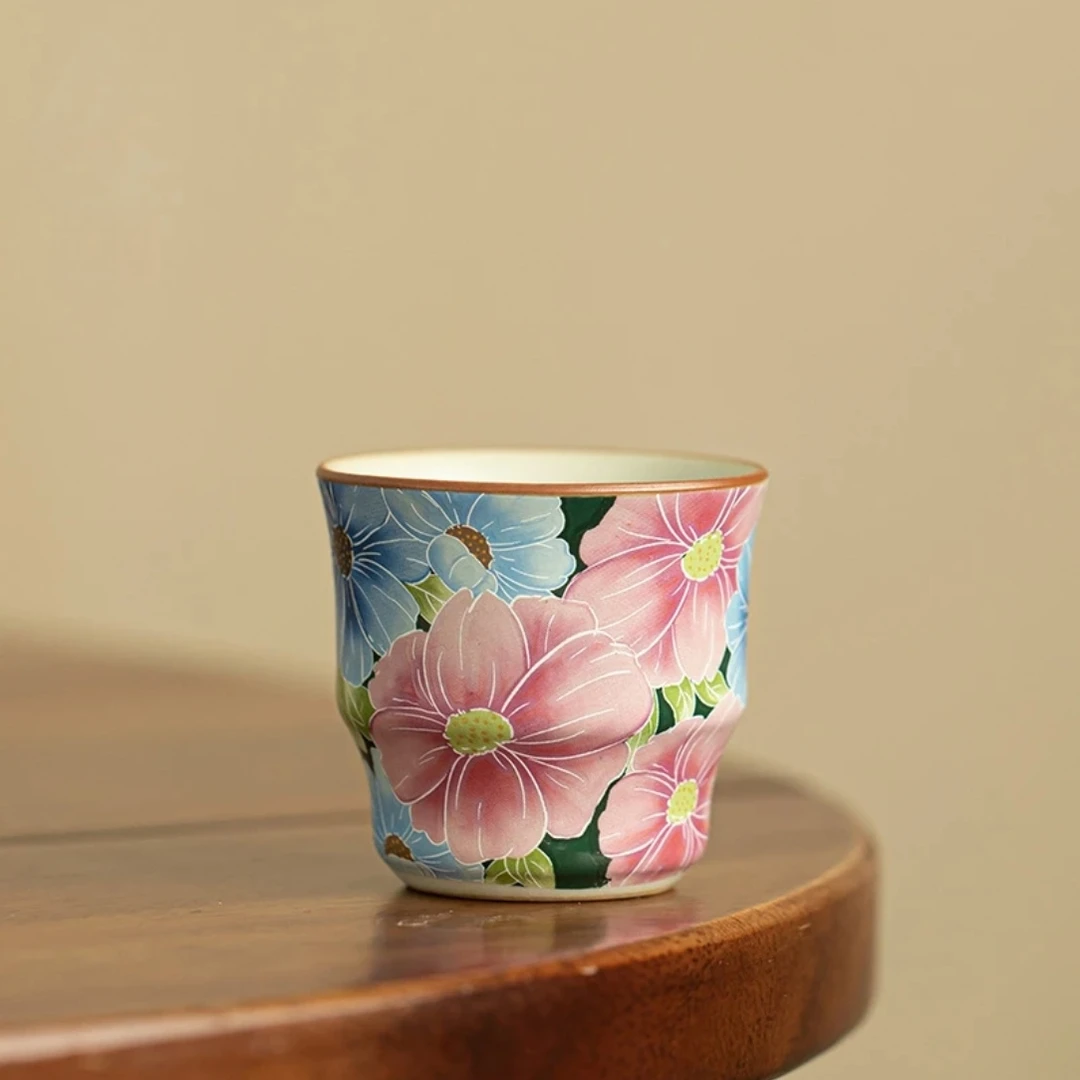 繁花似锦竹节杯仿古黄汝高端女士主人杯品茗杯客杯茶杯家用珐琅彩